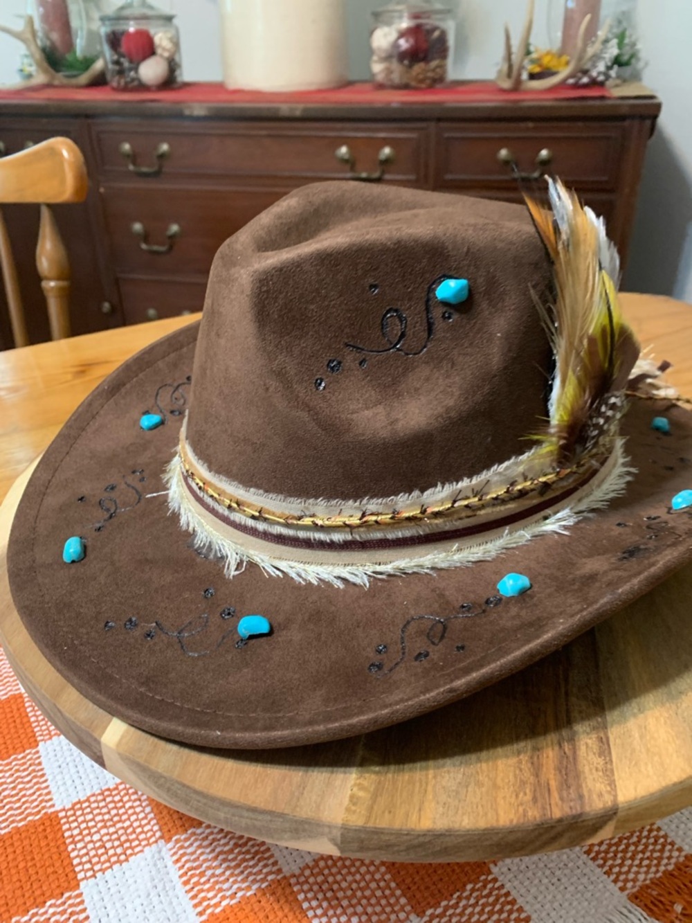 Brown Burned Western Felt Hat with Turquoise Accents and Feather